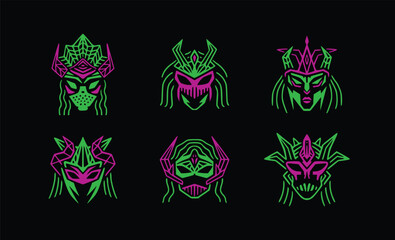 Vector drawing of witches' helmets with horns. Icons of evil female monsters in demonic masks.