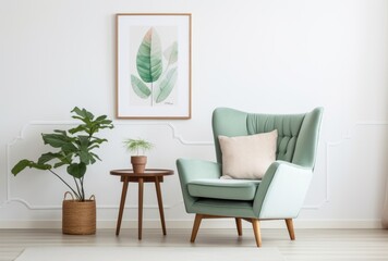 Light green wingback chairs contrast with white walls and large art poster frames