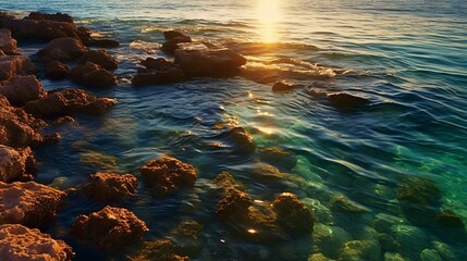 Fototapeta na wymiar Beautiful seascape with rocks and sunset. Rocky coast of the Mediterranean Sea at sunset. Nature composition. AI generated illustration