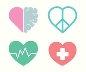 Set of vector hearts. Heartbeat, medical care, emergency, doctor, hospital, healthcare. Mental health, emotions. Peace, love symbol