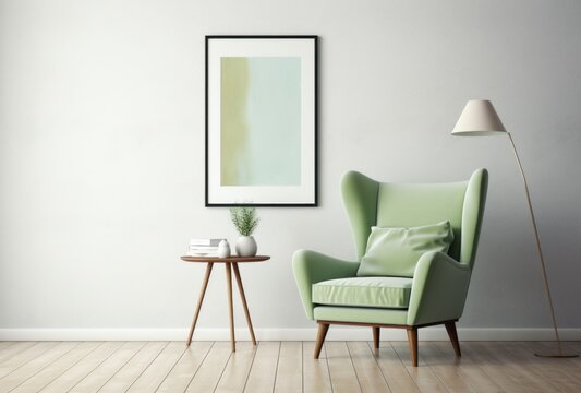 Light green wingback chairs contrast with white walls and large art poster frames