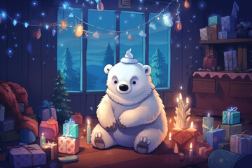  A cute polar bear is sitting in a cozy room with Christmas gifts and candles.