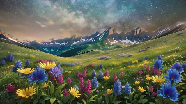 Transport yourself to a world of vibrant colors and natural wonders with a time lapse of a mountain meadow in full bloom. From the rolling hills to the clear blue sky, every detail is captured in stun