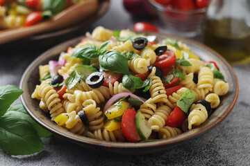 A bowl with traditional Italian pasta salad