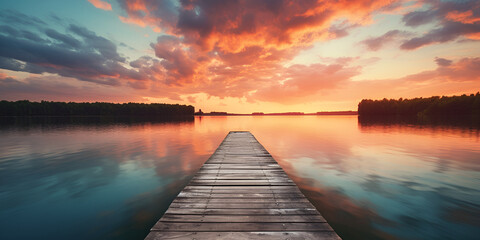 Naklejka premium Exciting view from the shore with a wooden pier, high-resolution image of a serene sunset over a calm lake with vibrant colors, vertical format, background with generative ai