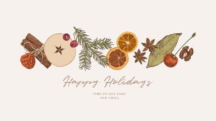 Hand drawn mulled wine ingredients. Happy holidays greetings background. Autumn mood illustration