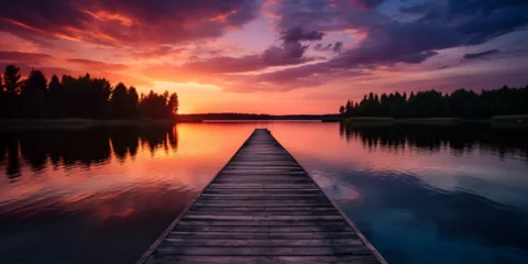 Zelfklevend Fotobehang  high-resolution image of a serene sunset over a calm lake with vibrant colors, vertical format, background ,Old timber jetty pillars protruding from the water. Dead tree stumps with generative ai © Hadi