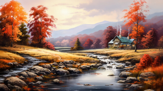 Autumn Landscape Illustration.  Generated Image.  A digital illustration of a painting of an autumn landscape of a farmhouse and a stream.