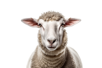 White fluffy sheep farm portrait isolated on a transparent background.