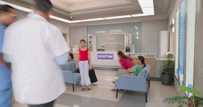 Timelapse Shot of Active Local Indian Health Clinic Lobby, Representing Modern and Advanced Healthcare Services with Nurses and Doctors. Diverse Patients Waiting in Reception Hall in a Hospital