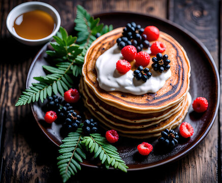 Pila de tortitas americanas con yogur y frutos rojos. Torre de pancakes con moras y crema sobre una mesa de madera y con decoración de Navidad. Hecha con IA.