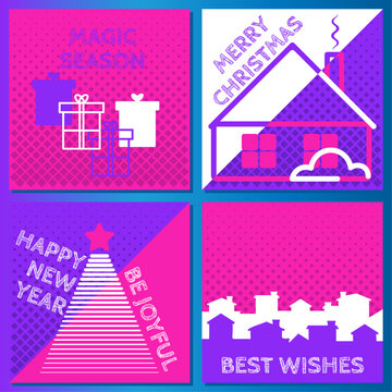 Set of 2024 merry christmas and happy new year greeting card on flat design. 4 abstract imeges with tree, house, city, gift, elegant number congratulatory text. Holiday poster, template, cover. EPS 10