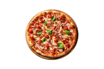 Italian pizza on wooden pizza board isolated on transparent background, flat lay, top view shot. PNG file.