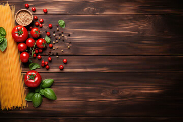 Naklejka premium Italian spaghetti on dark black board background, above top view, text copy space, uncooked raw Italian pasta, tomatoes, basil, cooking ingredients on wooden table counter