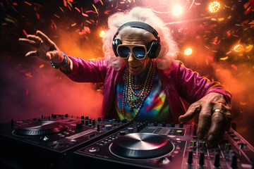 old woman at the DJ mixer