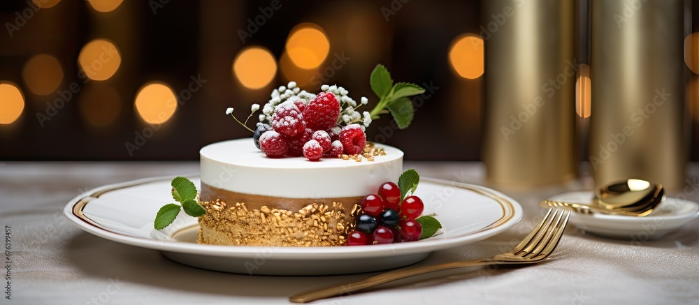 Poster in the background of the isolated room a stunning gold and white cake took center stage perfectly cr