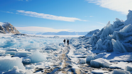 Obraz premium Man tourist walking on the ice of Baikal lake. Winter landscape of Baikal lake, Siberia, Russia. Blue transparent cracked ice and the blue sky