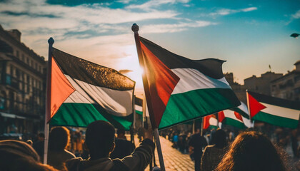 A crowd of Palestinians holding Palestine flags celebrate Freedom Ai Generated - obrazy, fototapety, plakaty