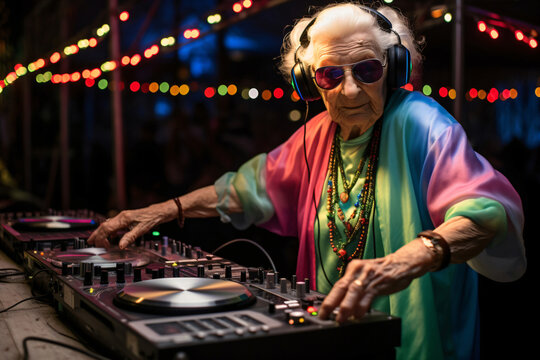 old woman at the DJ mixer