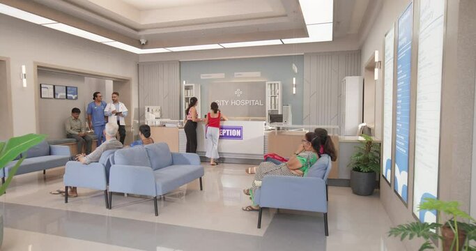 Establishing Shot of Active Local Indian Health Clinic Lobby, Representing Modern and Advanced Healthcare Services with Nurses and Doctors. Diverse Patients Waiting in Reception Hall in a Hospital
