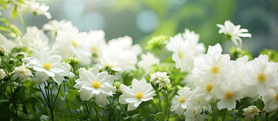In the beautiful garden surrounded by the vibrant green of summer the floral beauty of white flowers contrasts against the lush backdrop creating a stunning natural display that evokes the s