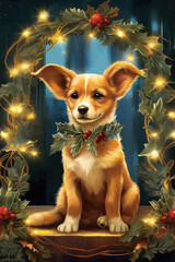  A cute puppy is sitting surrounded by Christmas lights and candles. New Year and Christmas.
