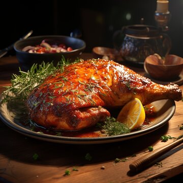 Roast chicken with lemon and herbs on wooden table, closeup, Ai Generated