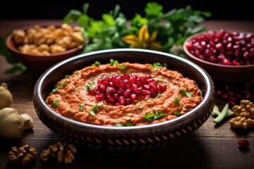  a bowl of hummus with pomegranates on the side.  generative ai