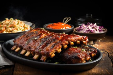  a plate of ribs and coleslaw on a wooden table.  generative ai