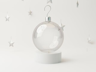 3D white Christmas background. Empty Glass ball. Christmas tree decorations. Transparent ball on white marble podium with silver stars. Copy space 3d render. Minimal festive illustration