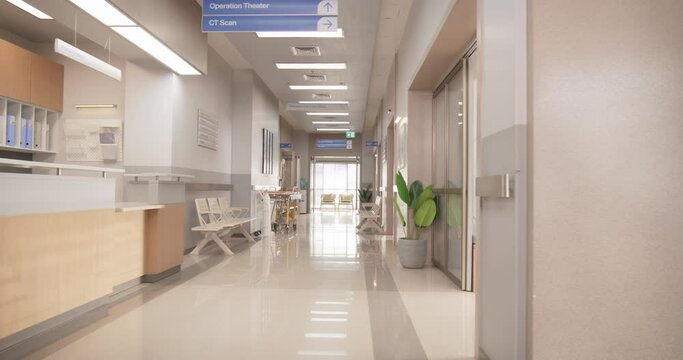 Dolly Shot Revealing an Empty Hospital Reception Hall During the Day. Modern Clinic with Advanced Equipment, Best Medical Health Treatment Center With Bright Sunny Window View