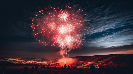 Tło na życzenia - fajerwerki na niebie w Sylwestrową noc - huczne świętowanie. Szczęśliwego Nowego Roku - obrazy, fototapety, plakaty