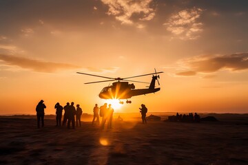Fototapeta na wymiar Military operation mission on silhouette sunset in field. Soldiers army forces with helicopter in battlefield. Epic war patriotic concept. Releasing hostages by warrior commando navy. Generative AI