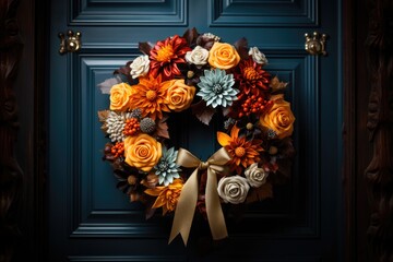 Decorative fall wreath hanging on door