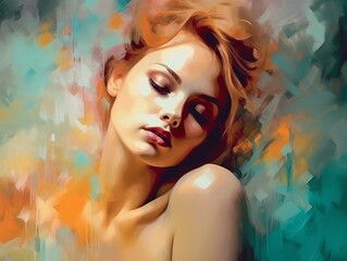 Oil portrait of a sleeping young woman with long hair. . Portrait of a relaxing beautiful sensual girl  with closed eyes long brown hair a painted by oil. Fashion Digital painting art.
