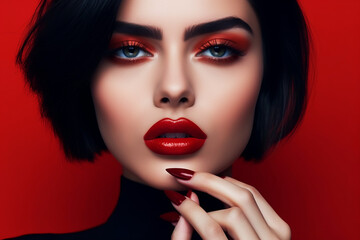 Fototapeta premium Portrait of beautiful sensual young woman with dark red makeup and red lips, red nails on red background. Sexy lady with red lips, studio fashion shot. Beautiful Woman .bright shiny Luxury Makeup