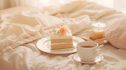 Fototapeta na wymiar Cake on dish on bed, in cozy room