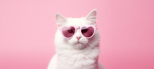 White cat in pink heart shaped glasses on pink background with place for text.Valentines day,anniversary, 8 march - obrazy, fototapety, plakaty