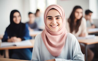 Happy smiling girl in hijab in the classroom with students.Arab woman sitting at the desk - obrazy, fototapety, plakaty