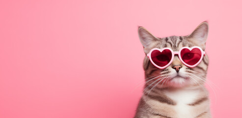 Creative Valentines day card with cute tabby cat in pink heart shaped glasses on pink background with place for text - obrazy, fototapety, plakaty