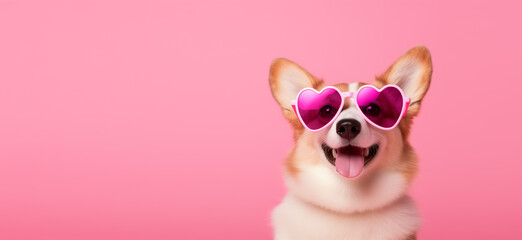 Happy smiling corgie in pink heart singlasses on pink background. Valentines day card with copy...
