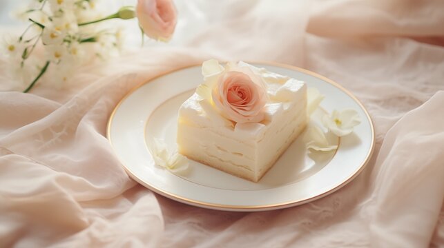 Cake on dish on bed, in cozy room
