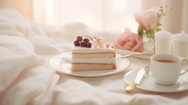 Cake on dish on bed, in cozy room