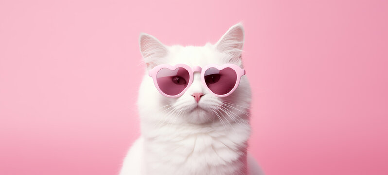 White cat in pink heart shaped glasses on pink background with place for text.Valentines day,anniversary, 8 march