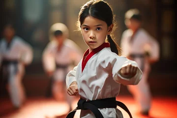 Deurstickers Asian Children Mastering Karate Skills with Passion © Andrii 