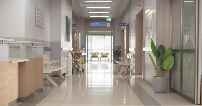 Dolly Shot Revealing an Empty Hospital Reception Hall During the Day. Modern Clinic with Advanced Equipment, Best Medical Health Treatment Center With Bright Sunny Window View