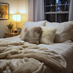 Bedroom interior, bed with pillows