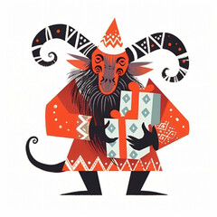 Krampus with present isolated on white background. Traditional Christmas devil. Character of European folklore. Saint Nicholas Day. Character for postcard, card, poster, banner.