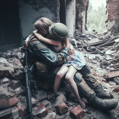 people hug in the middle of a destroyed building. war background