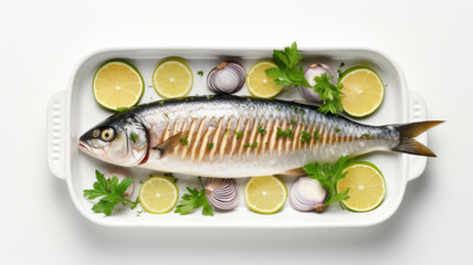 Raw mackerel scomber fish with ingredients for cooking in baking dish white background